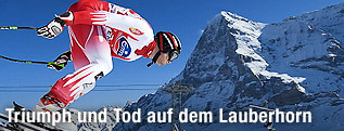 Michael Walchhofer beim Start am Lauberhorn mit Blick auf den Aiger