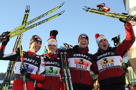 © APA/Barbara Gindl Jubel von Mario Stecher, David Kreiner, Bernhard Gruber und Felix Gottwald