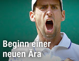 Novak Djokovic schreit siegessicher mit der Faust auf seiner Brust