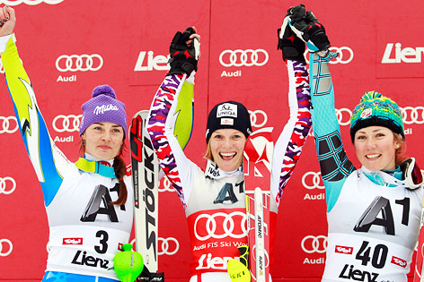 © GEPA/Harald Steiner Jubel von Tina Maze (SLO), Marlies Schild (AUT) und Mikaela Shiffrin (USA)