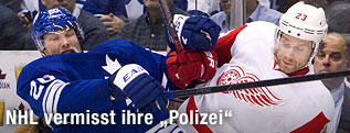Toronto Maple Leafs' David Steckel und Detroit Red Wings' Brad Stuart k&auml;mpfend