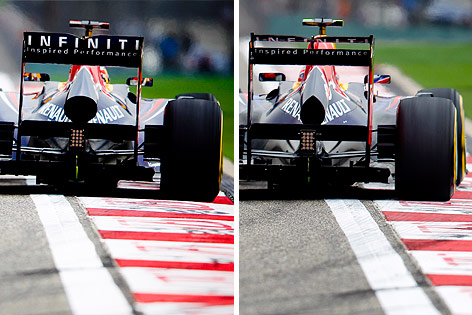 © APA/EPA/Diego Azubel (Montage) Hinteransicht der beiden Red-Bull-Wagen von Sebastian Vettel (links) und Mark Webber (rechts) im Vergleich