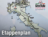 Eine Grafik zeigt eine Italienkarte mit den Etappen des Giro d'Italia