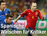 Andres Iniesta (ESP) gegen Andrea Pirlo (ITA) und Andrea Barzagli (ITA)