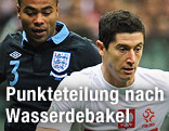 Leighton Baines (England) im Zweikampf mit Robert Lewandowski (Polen)