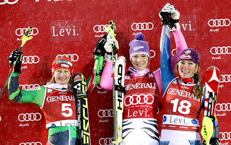 © GEPA/Ch. Kelemen Jubel von Tanja Poutiainen (FIN), Maria Hoefl Riesch (GER) und Mikaela Shiffrin (USA)