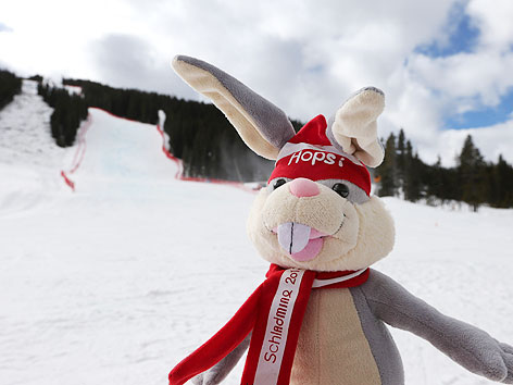 Schladming-Maskottchen "Hopsi" vor dem Zeileinlauf