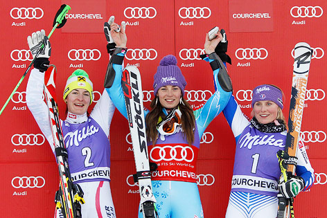 Kathrin Zettel, Tina Mazeo und Tessa Worley auf dem Podest