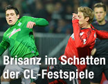 Zlatko Junuzovic (Bremen) k&auml;mpft mit Stefan Kiessling (Leverkusen) um den Ball