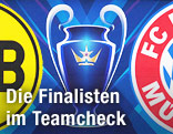 Stilisierter Champions-League-Pokal und Vereinslogos auf einem Plakat vor dem Wembley Stadium in London
