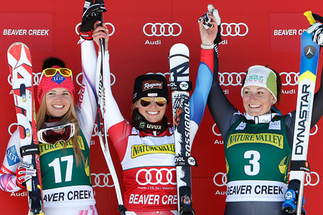 © GEPA/Wolfgang Grebien Jubel von Tina Weirather (LIE), Lara Gut (SUI) und Elena Fanchini (ITA)