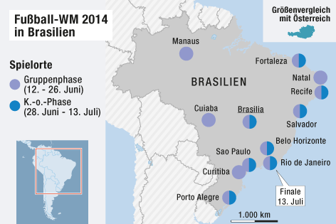 Grafik mit Spielorten der Fußball-WM in Brasilien