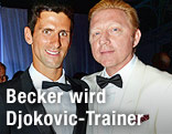 Weltranglistenzweiter Novak Djokovic (SRB) posiert gemeinsam mit der deutschen Tennisgröße Boris Becker