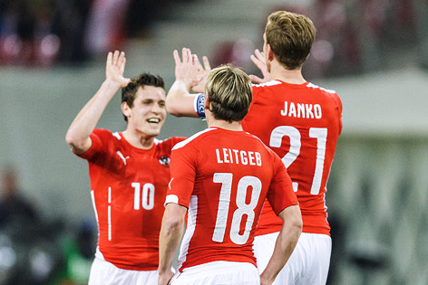 © ORF.at/Dominique Hammer Jubel von Zlatko Junuzovic, Christoph Leitgeb und Marc Janko (alle AUT)