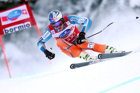 Aksel Lund Svindal 2013 auf der Abfahrtsstrecke von Bormio