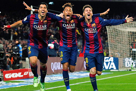 © Reuters/Albert Gea Jubel des Barcelona-Sturms Luis Suarez, Neymar und Lionel Messi