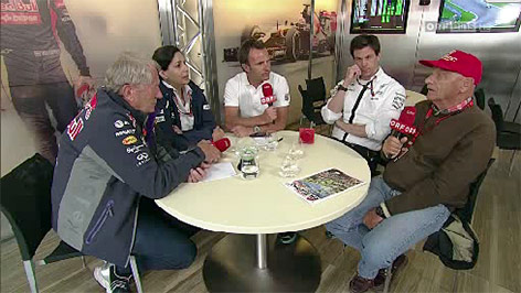 © ORF V.l.n.r.: Helmut Marko (Berater Red Bull), Monisha Kaltenborn (Sauber-Teamchefin), ORF-Moderator Ernst Hausleitner, Toto Wolff (Mercedes-Motorsportchef) und Niki Lauda (Mercedes Motorsportchef)