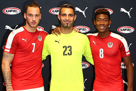 Marko Arnautovic, Ramazan Özcan und David Alaba in den neuen ÖFB-Trikots