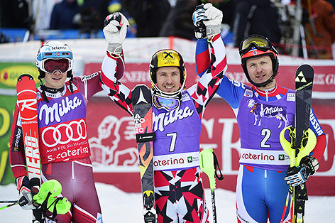 Jubel von Henrik Kristoffersen (NOR), Marcel Hirscher (AUT) und Alexander Choroschilow (RUS)