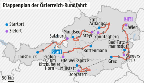 © Grafik: APA/ORF.at; Quelle: APA/Radsportverband Etappenplan der Österreich-Rundfahrt