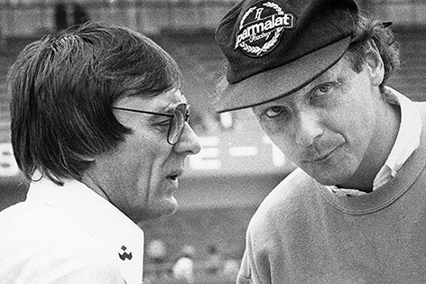 Bernie Ecclestone und Niki Lauda, 1980