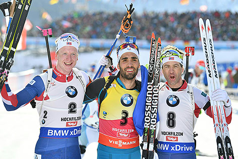 © APA/Barbara Gindl Johannes Thingnes Boe (NOR), Martin Fourcade (FRA) und Ole Einar Bjoernfalen (NOR)