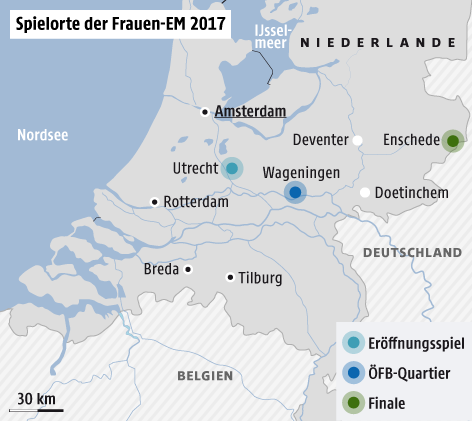 © Grafik: ORF.at; Quelle: APA Karte zeigt Spielorte und ÖFB-Quartier während der EM